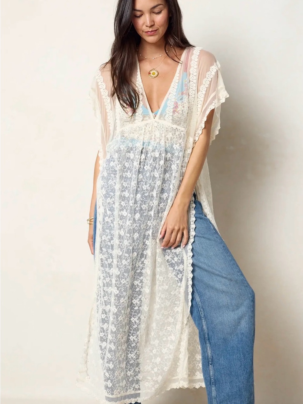 🔘NATURAL LIFE “Eleanor” Cream Boho Embroidered Kimono
